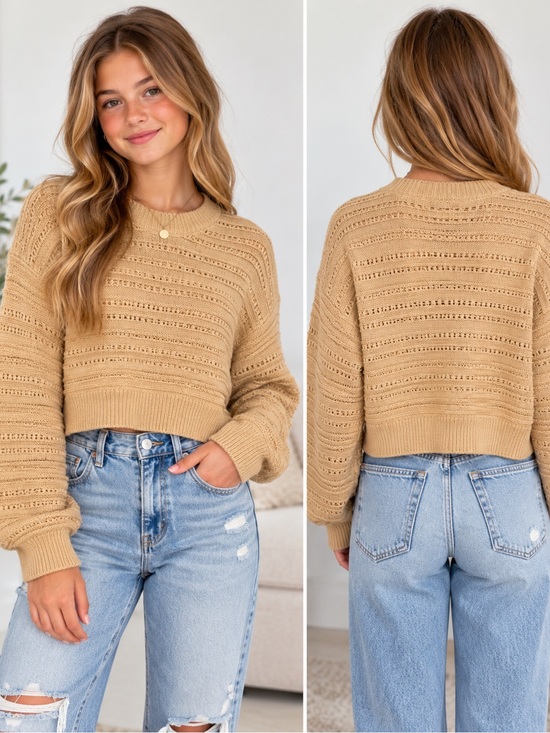 Altar'd State Sweaters - Altar’d State Sweater Womens S Camel Open Knit Cropped Boxy Crewneck